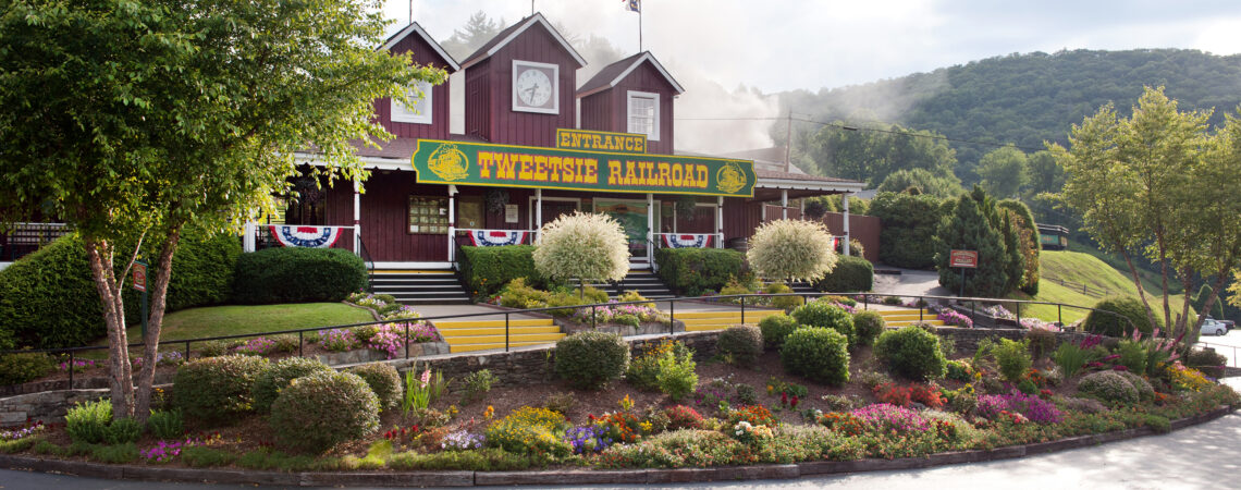 The entrance to the Tweetsie Railroad Ticket Office in the spring.